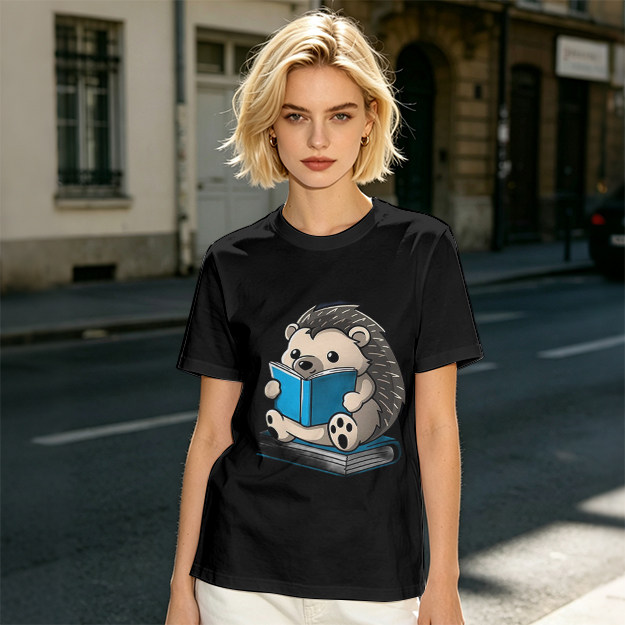 Olive T-shirt with Cute Hedgehog Reading a Book Graphic