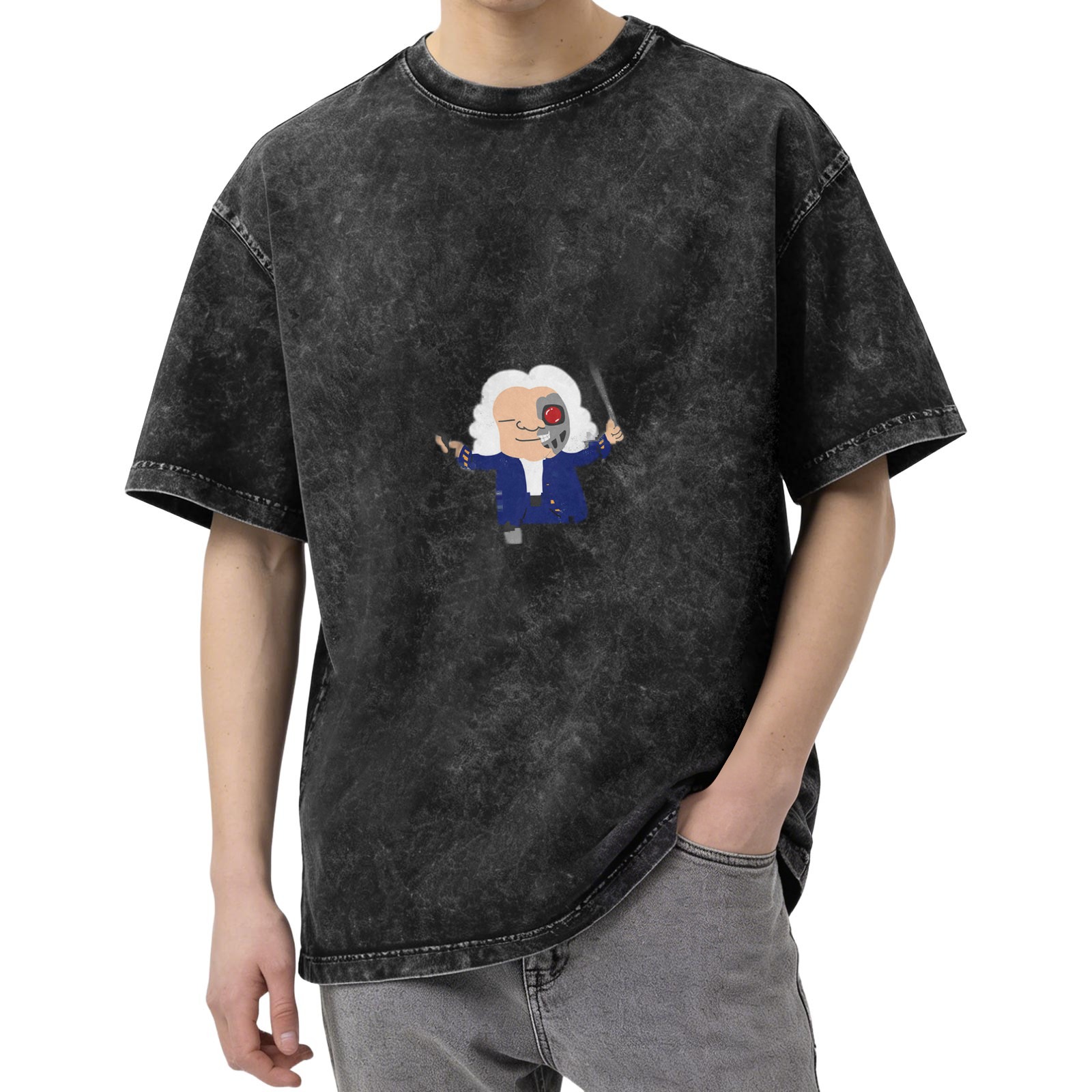 Washed black loose short-sleeved T-shirt printed with semi-mechanical classical character pattern