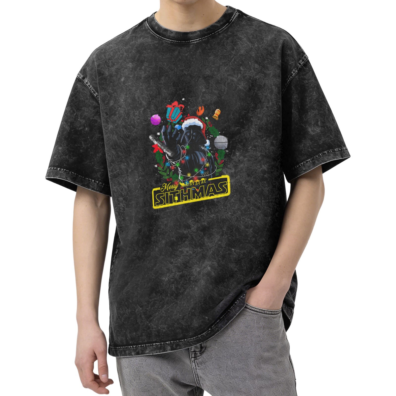 Merry Sithmas Darth Vader Christmas Graphic Acid Wash T-Shirt