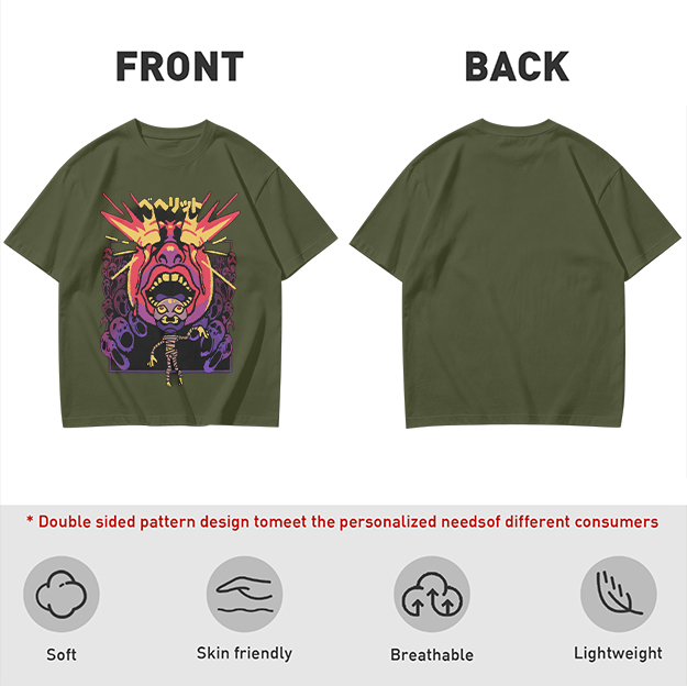 Olive t-shirt with surreal demon and ghost graphic print