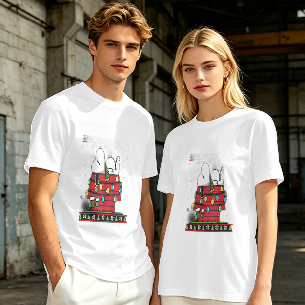 Olive T-Shirt with Snoopy Christmas Doghouse Design