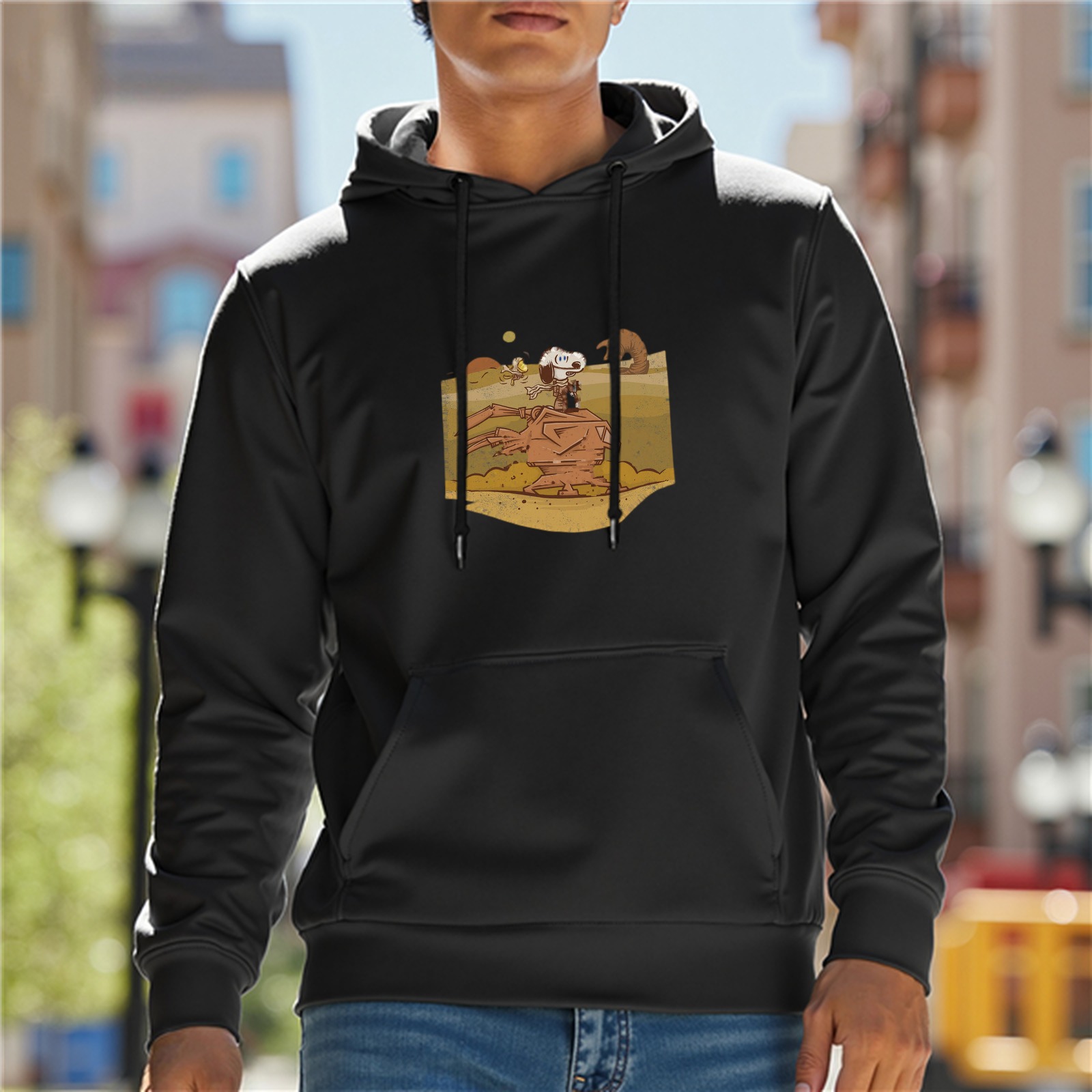 Black hoodie with desert sci-fi dog riding walker graphic