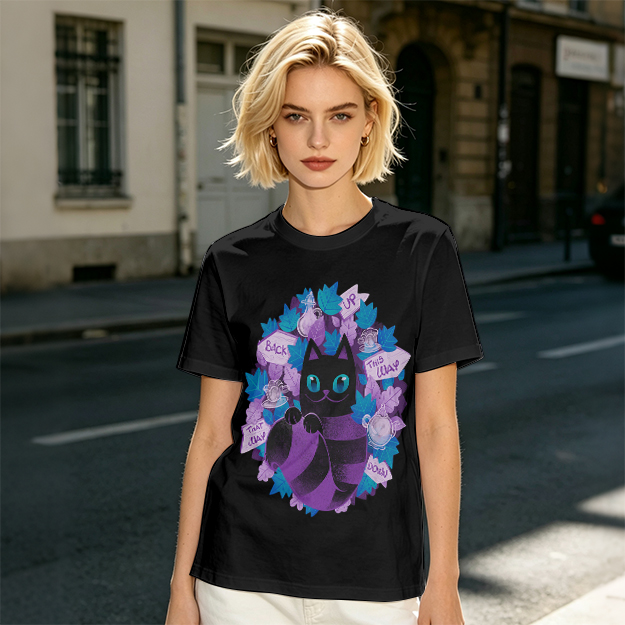 Olive T-Shirt With Whimsical Cheshire Cat Wonderland Art