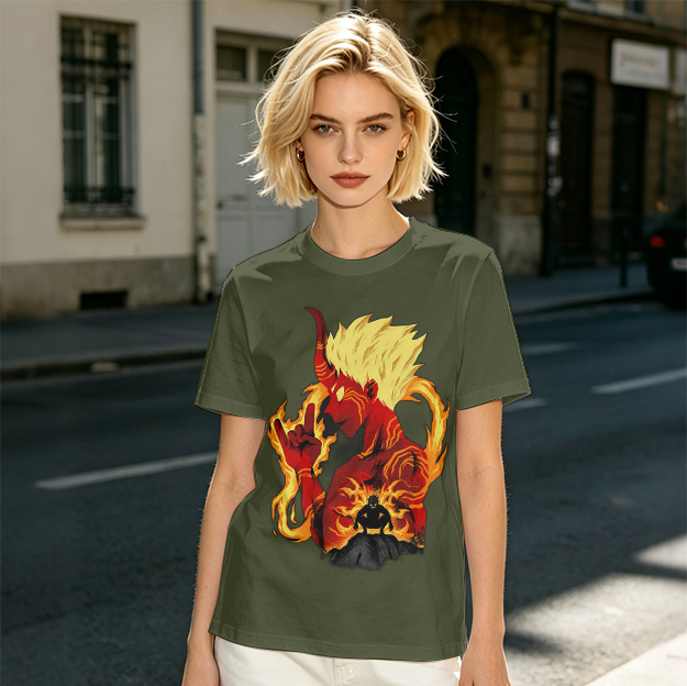 Oni Demon Flame Graphic Olive Green Casual T-Shirt