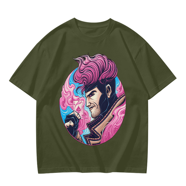 Olive T-Shirt With Pink Haired Superhero Character Art Print