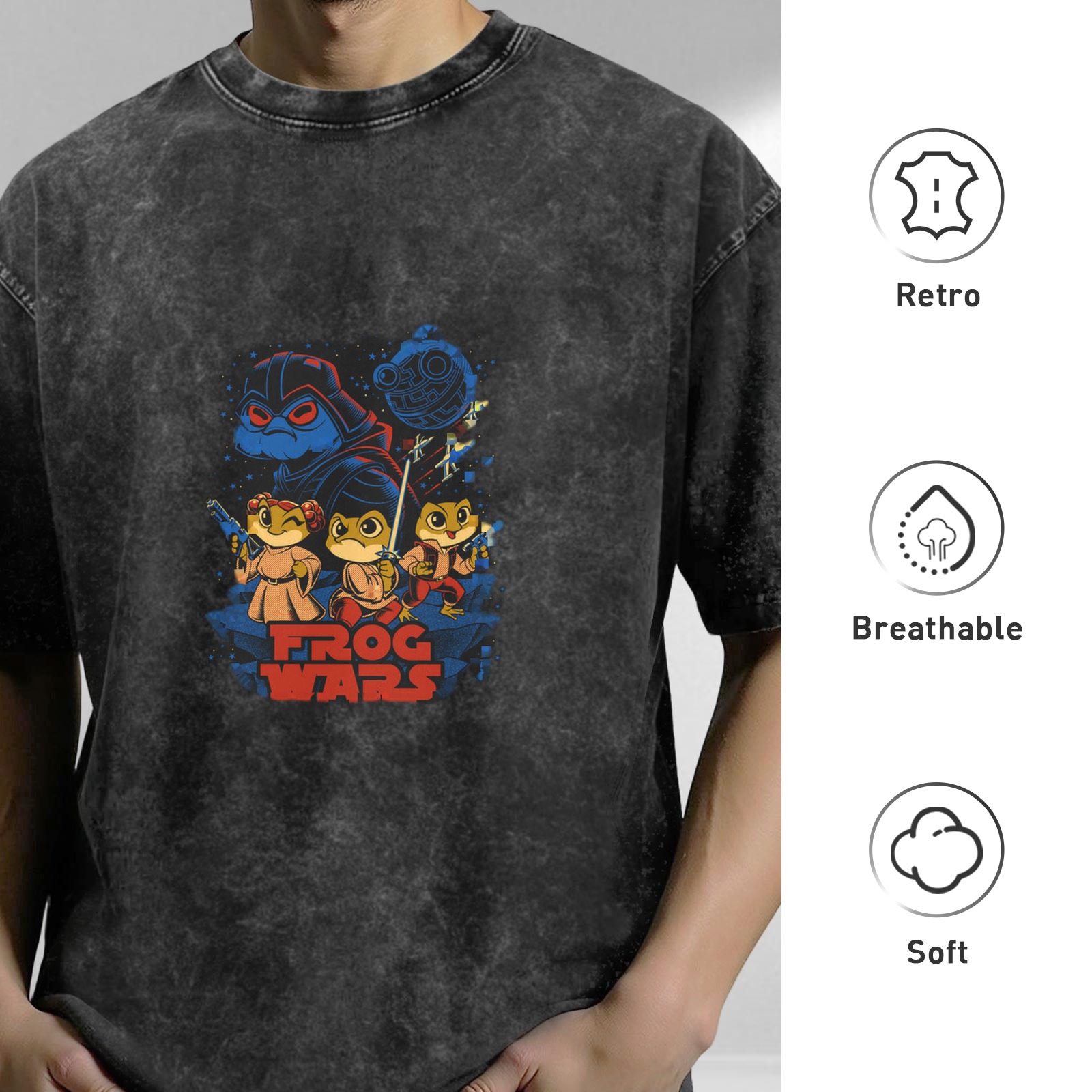 Frog Wars themed distressed short-sleeved T-shirt, casual and loose style