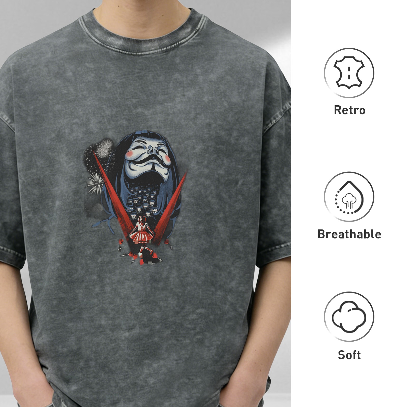 Washed Graphic T-Shirt With Anonymous Mask And Fireworks Print