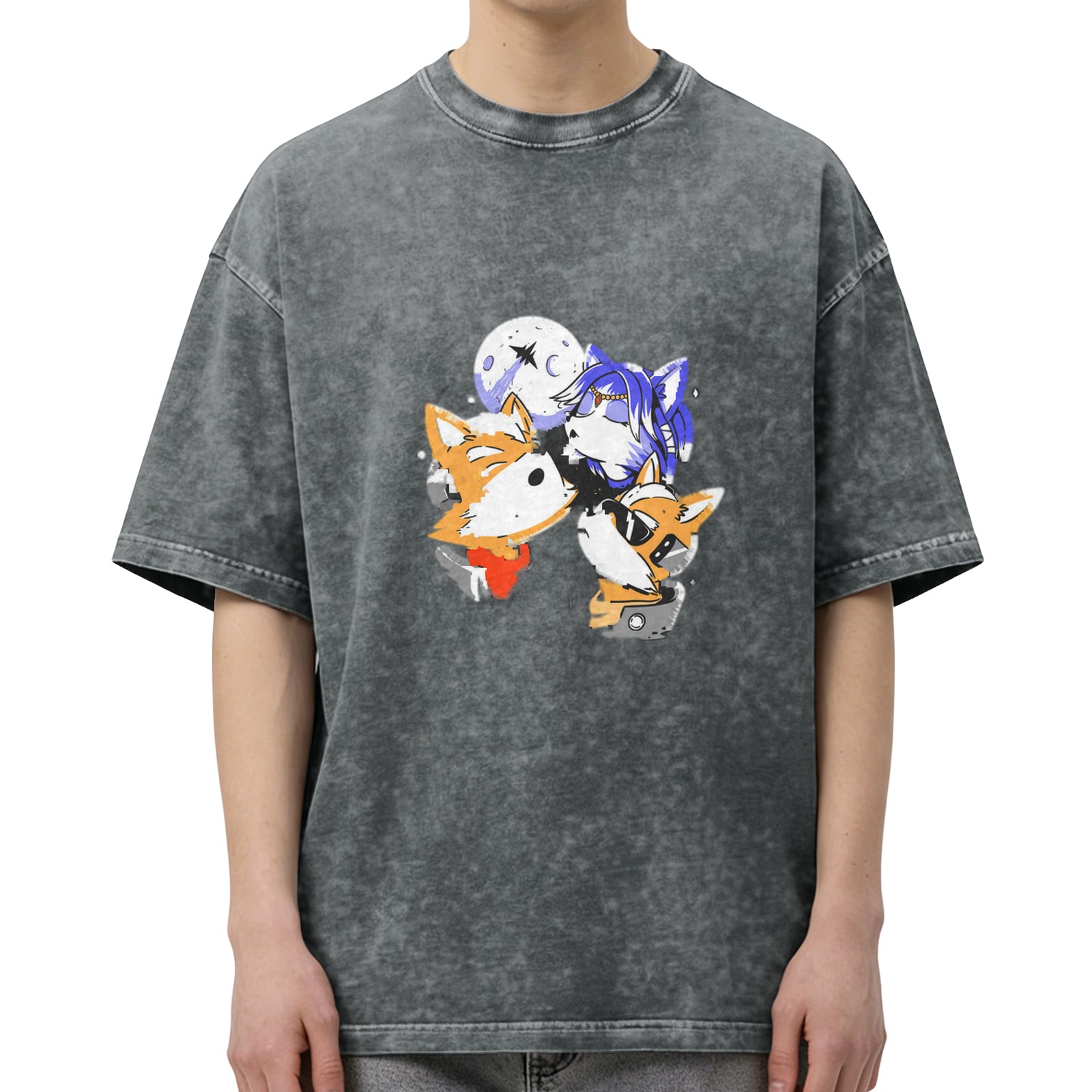 Oversized Acid Wash T-Shirt With Space Fox Cartoon Graphic Print