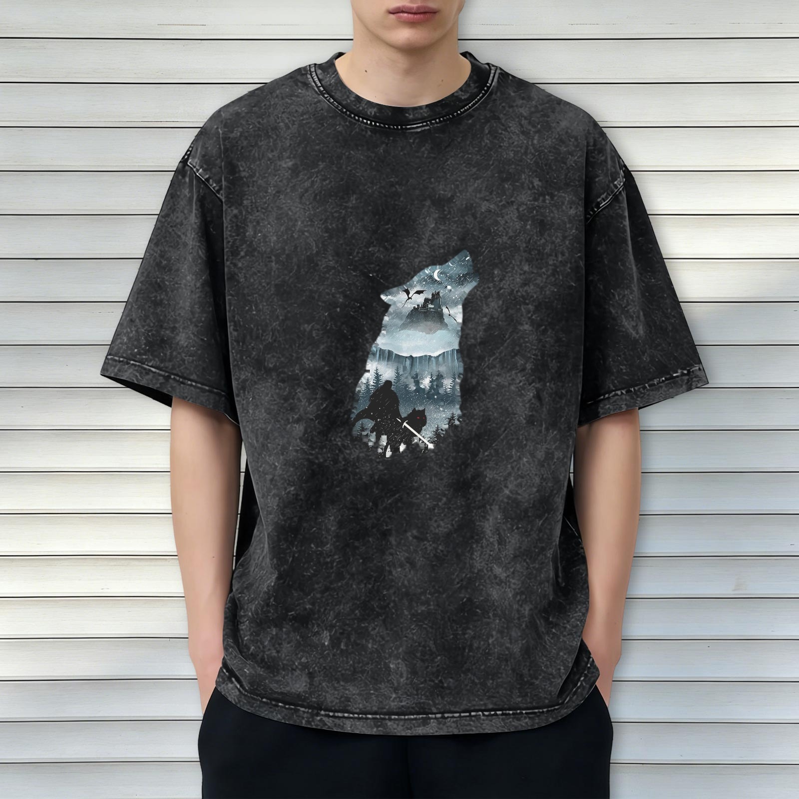 Oversized Stonewashed T-Shirt With Howling Wolf Silhouette Fantasy Graphic