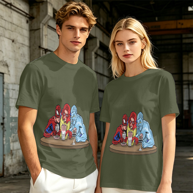 Olive T-Shirt With Superhero Characters Sharing Drinks Print