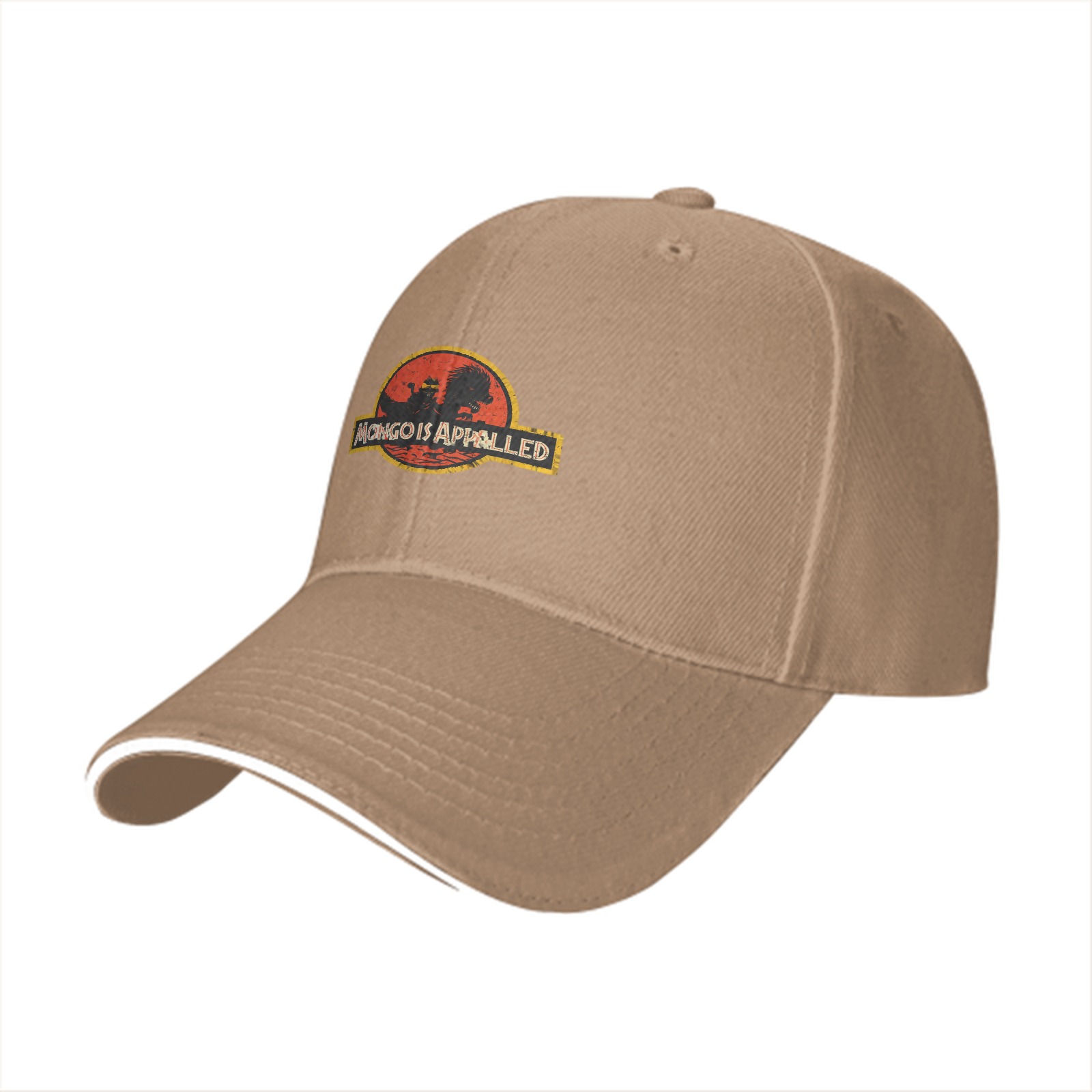 Black baseball cap with 'Mongo Is Appalled' Jurassic-style graphic