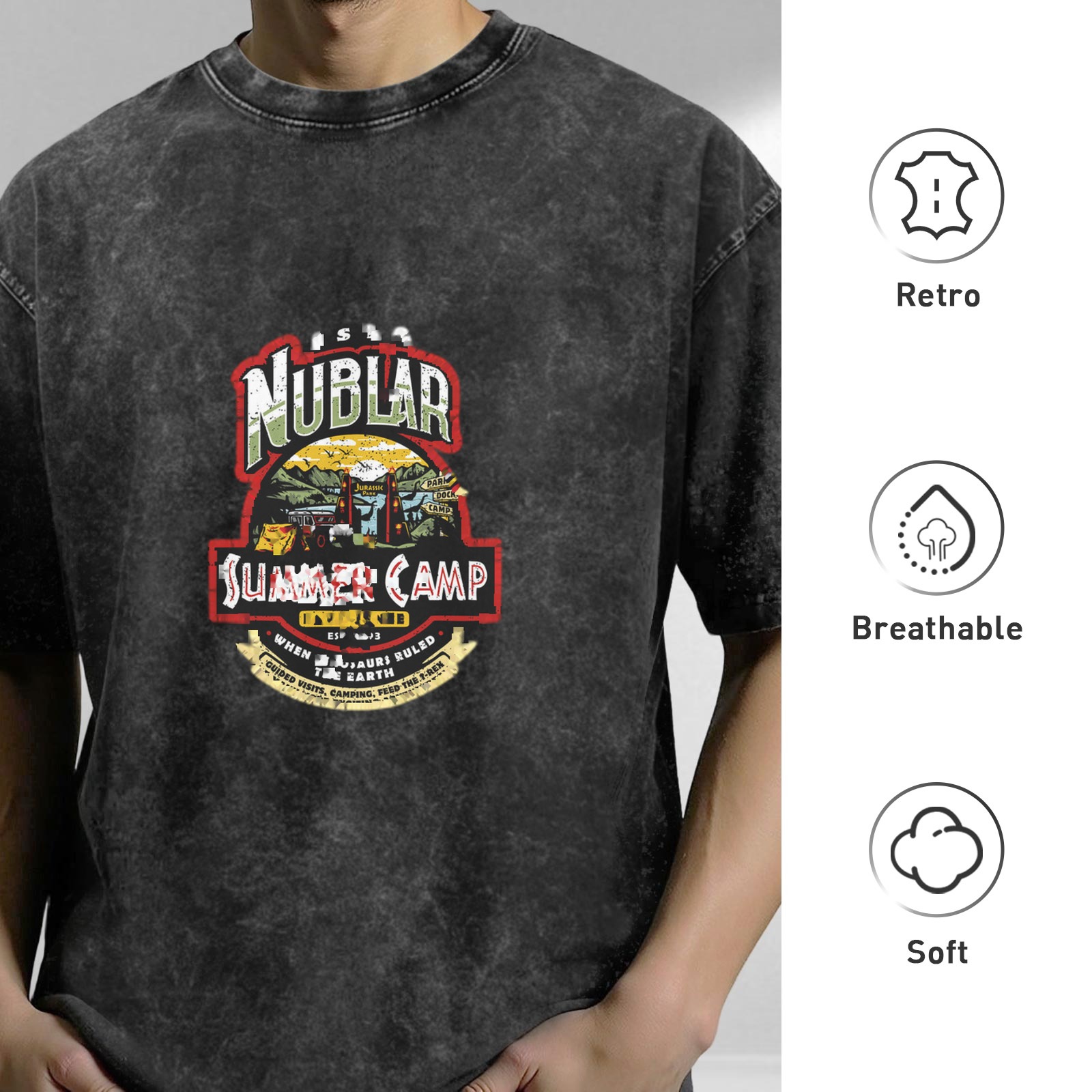 Nublar Summer Camp themed distressed washed black short-sleeved T-shirt