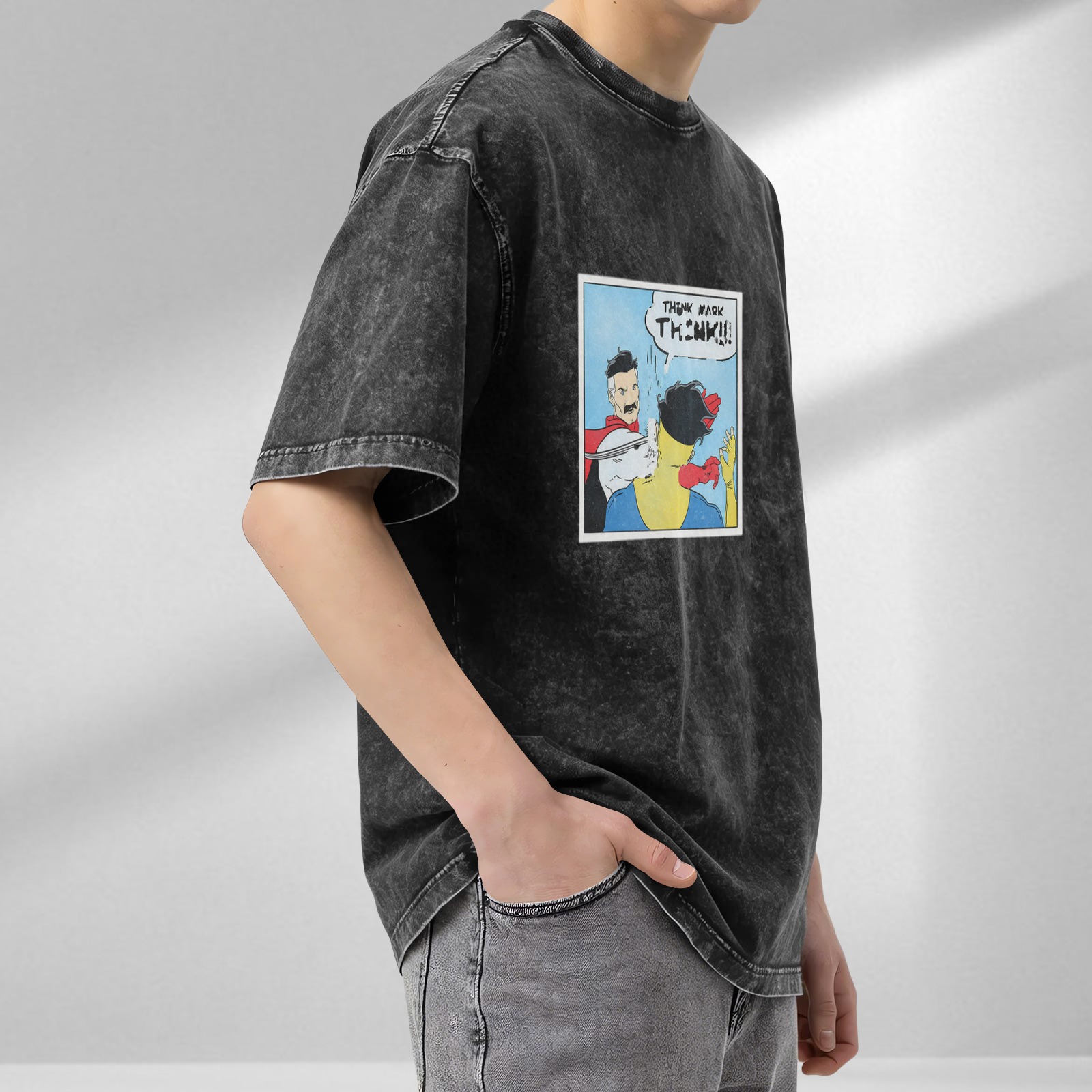 Oversized dark wash t-shirt with Invincible comic panel print
