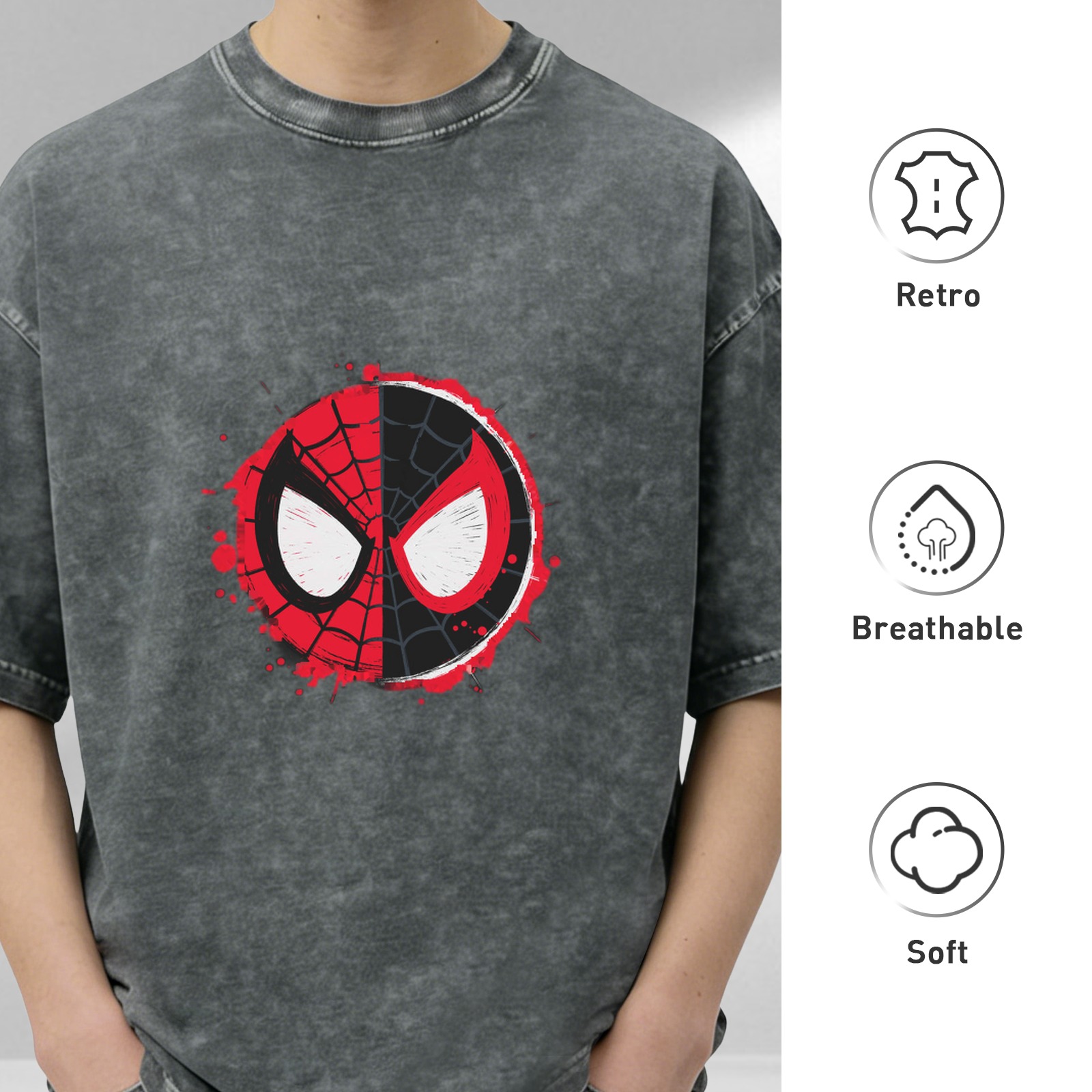 Oversized Spider-Man Split Mask Graphic Acid Wash T-Shirt