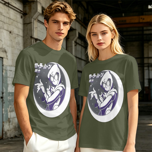Olive T-shirt with Moon Warrior Anime Graphic Print