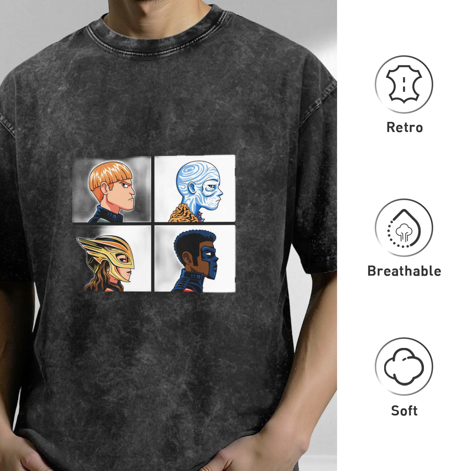 Oversized Dark Wash T-Shirt With Four Superhero Character Portraits