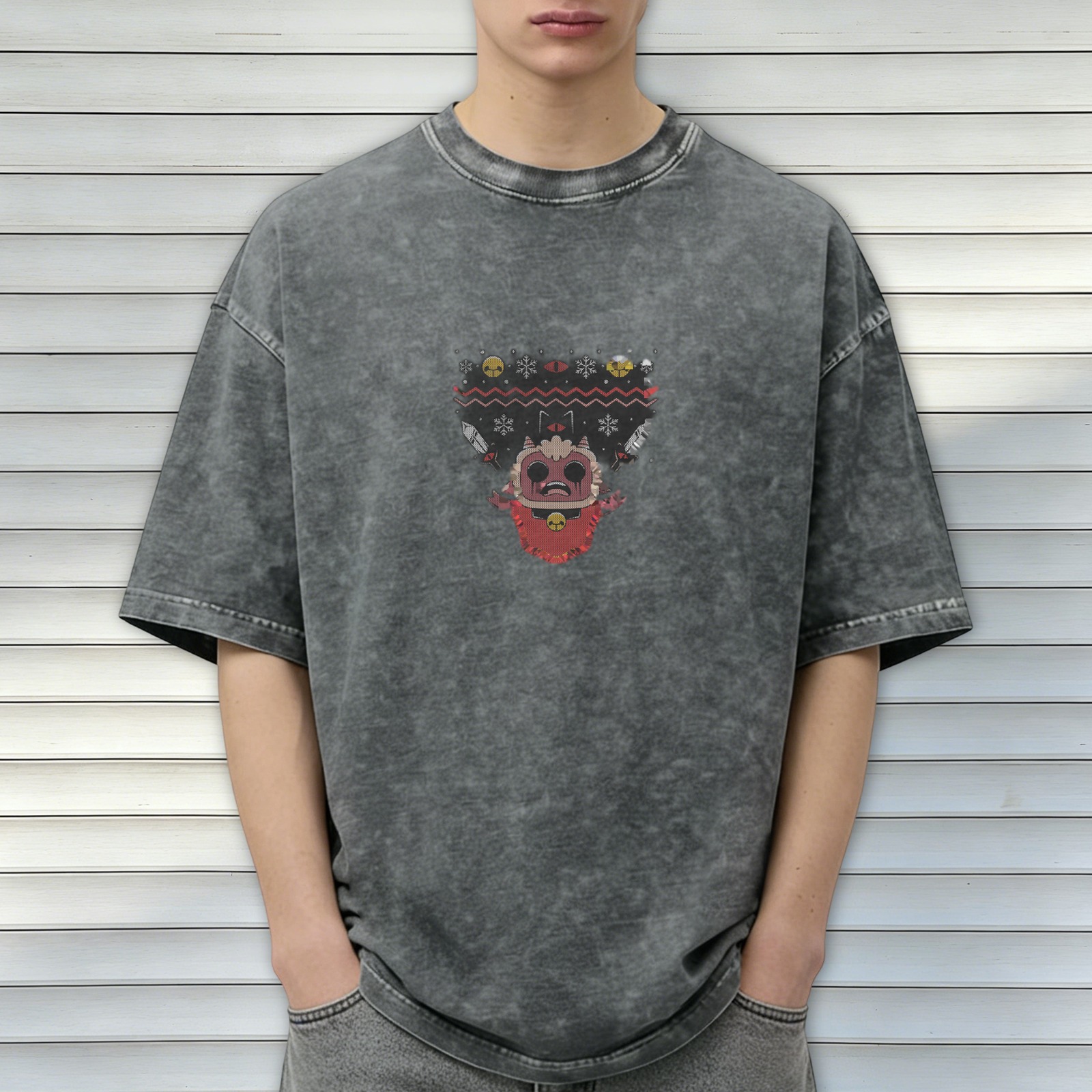Washed Black T-Shirt With Festive Demon Graphic Print