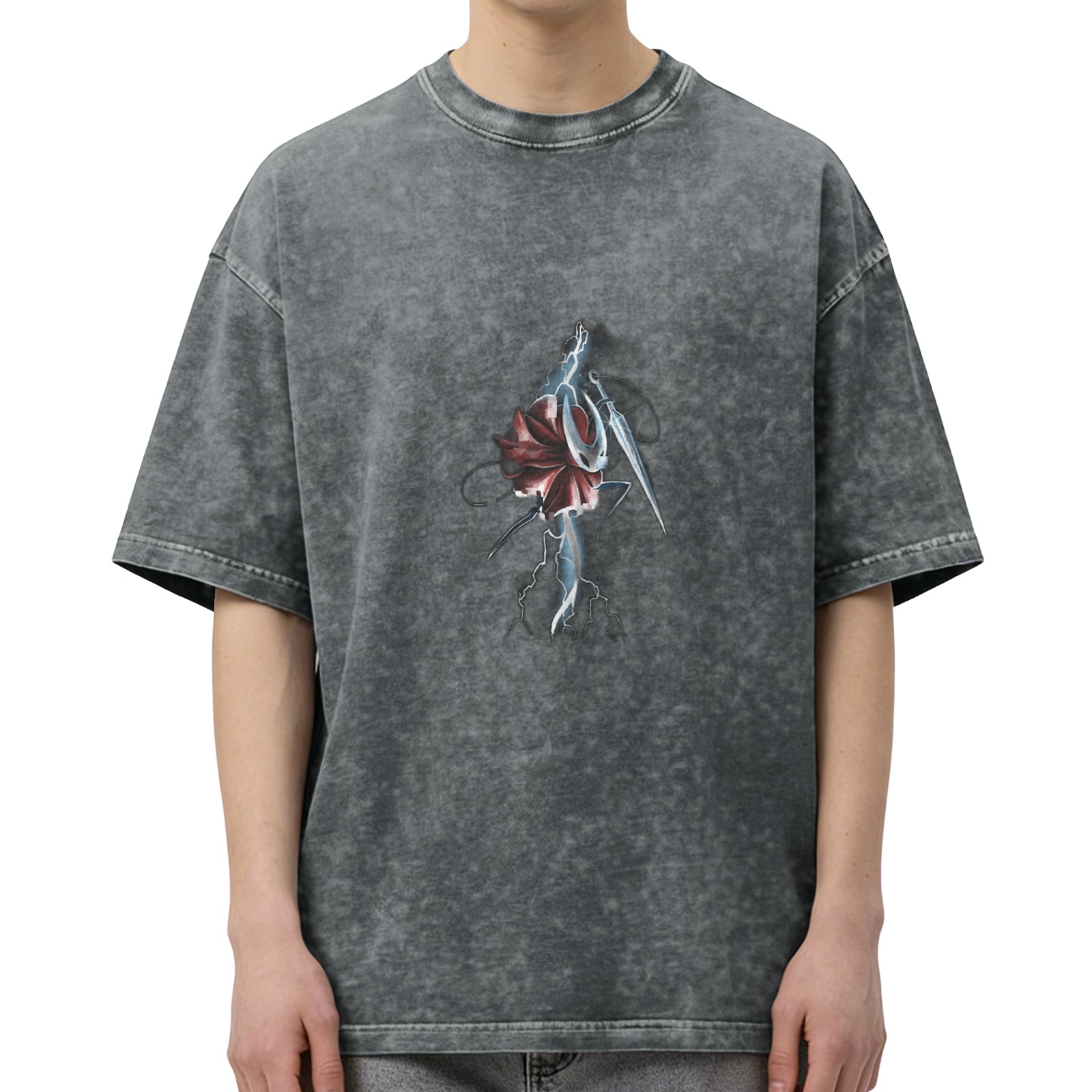 Washed Black T-Shirt With Fantasy Warrior Lightning Graphic