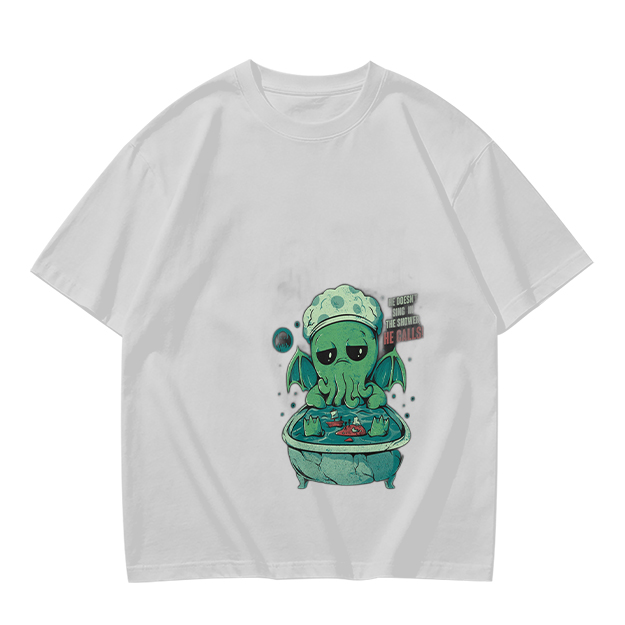 Olive T-shirt with Cute Sad Cthulhu Bathing Graphic