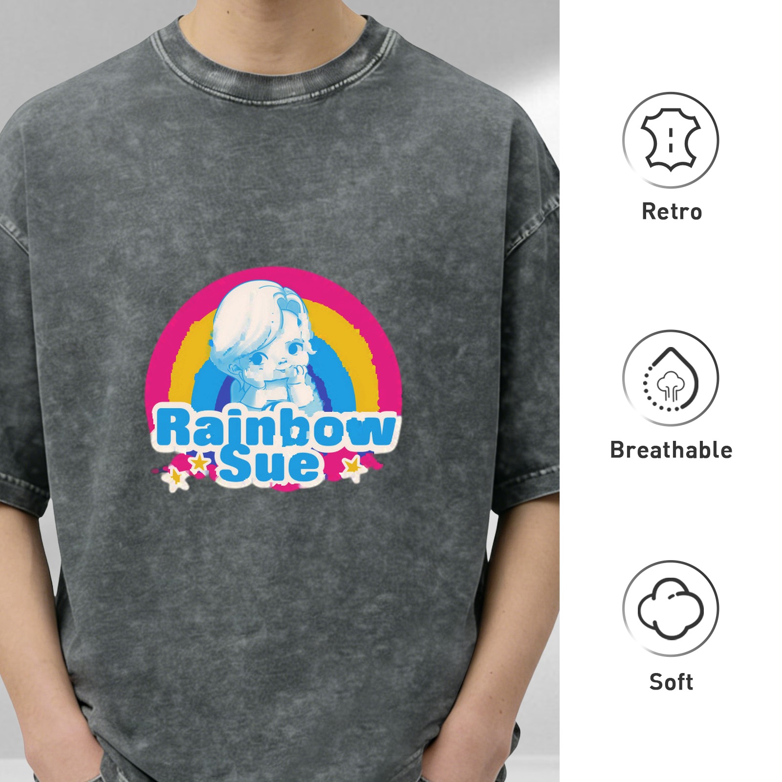 Oversized Dark Wash T-Shirt With Rainbow Sue Graphic Print