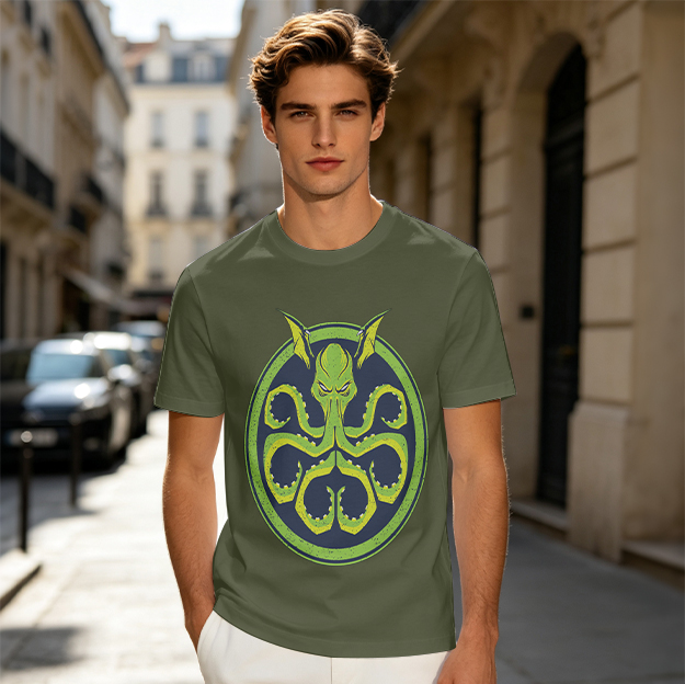 Olive Green T-Shirt with Octopus Demon Graphic Print