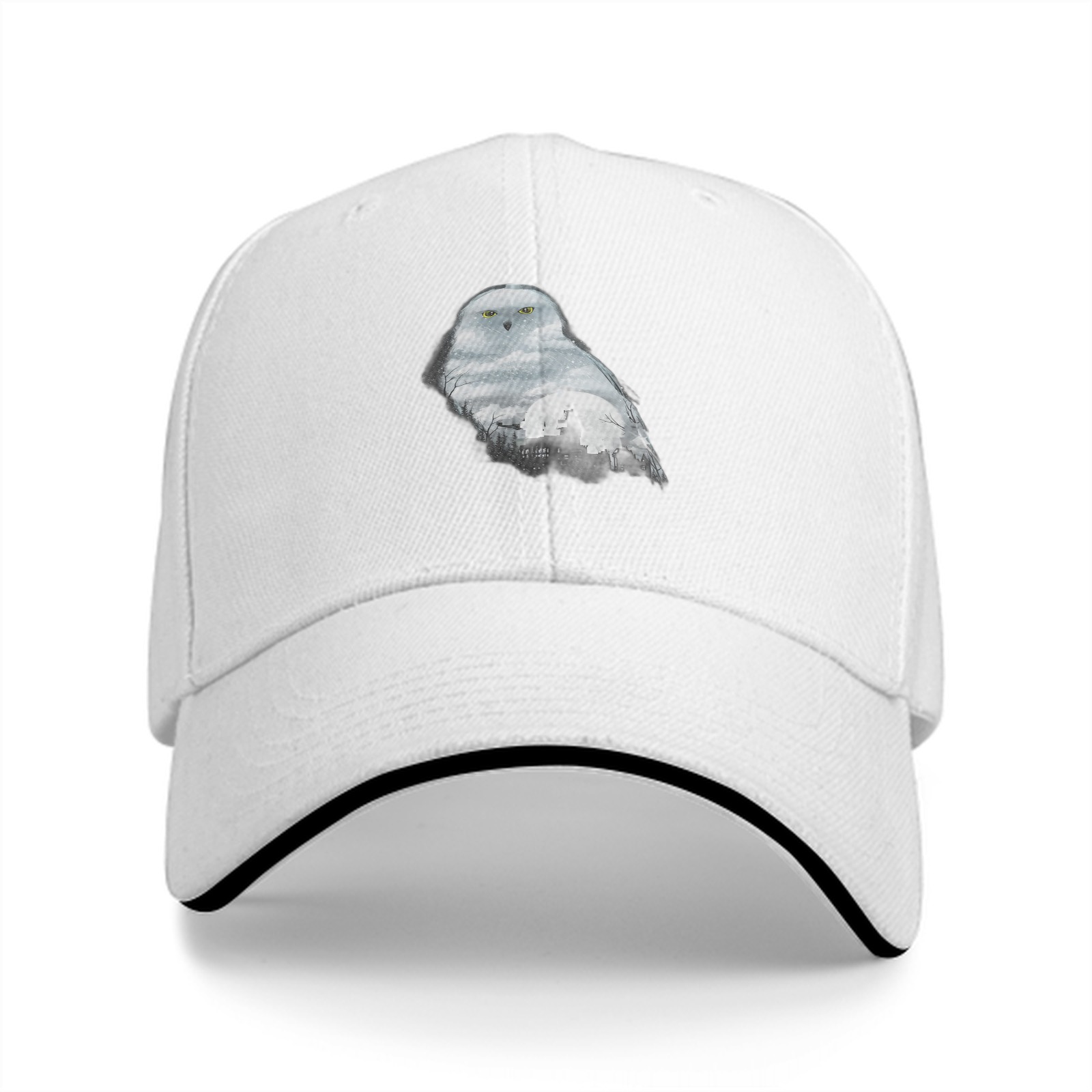 Black baseball cap with snowy owl and castle graphic