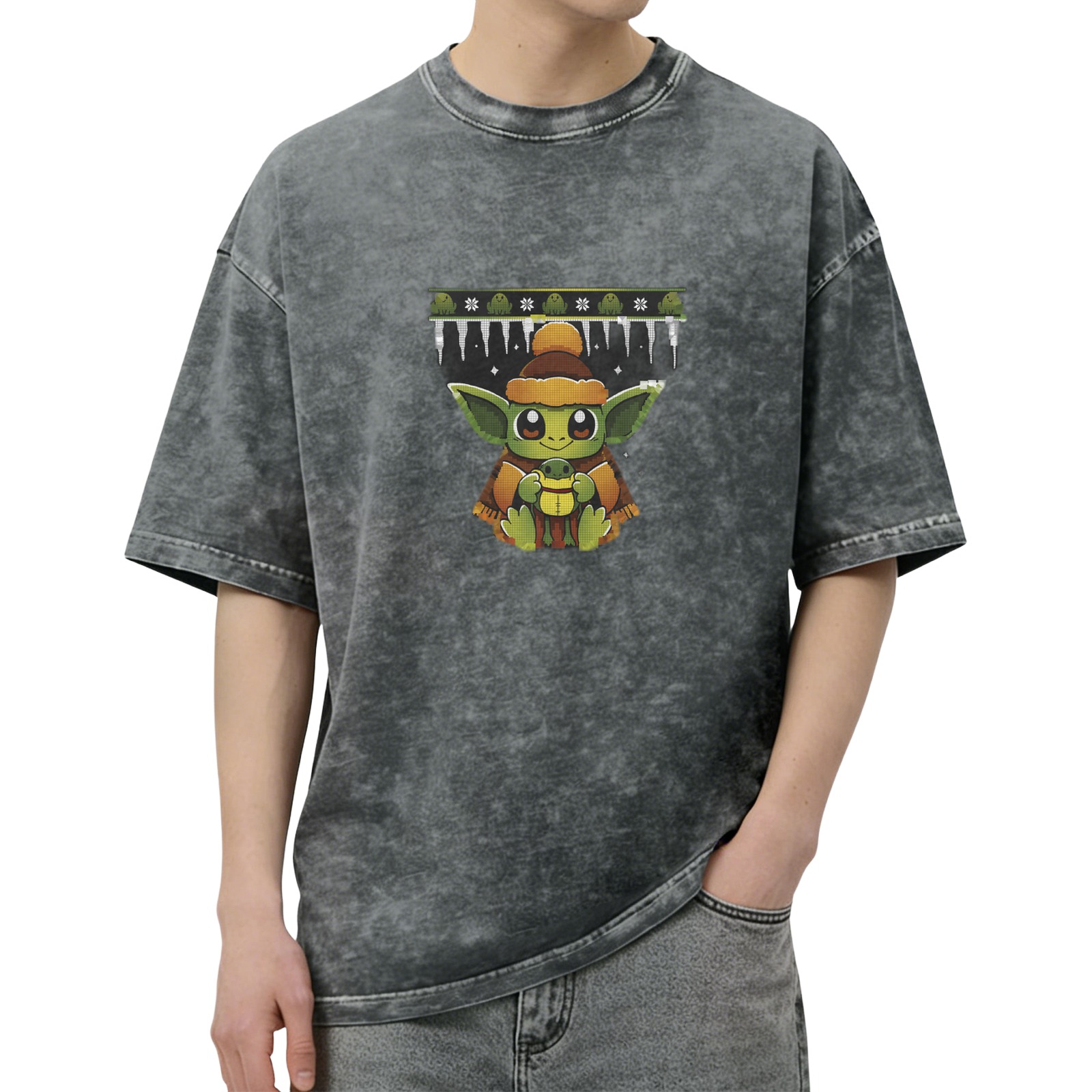 Washed black t-shirt with cute Baby Yoda holiday frog graphic