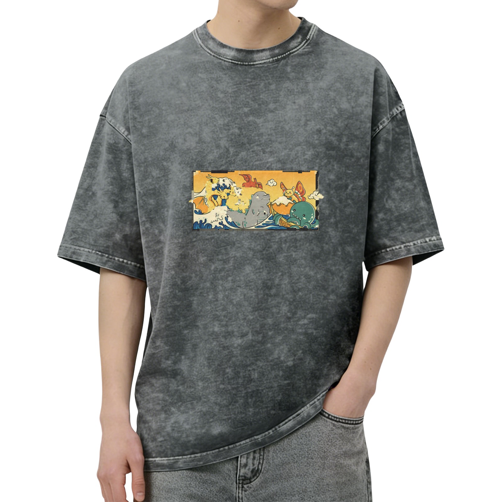Washed Black Oversized T-Shirt with Cute Monster Wave Graphic