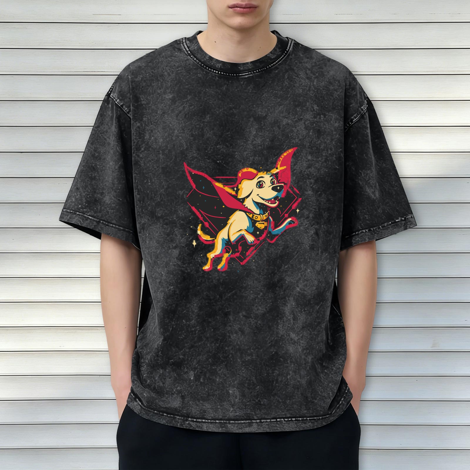 Oversized Dark Wash T-Shirt With Superhero Dog Graphic