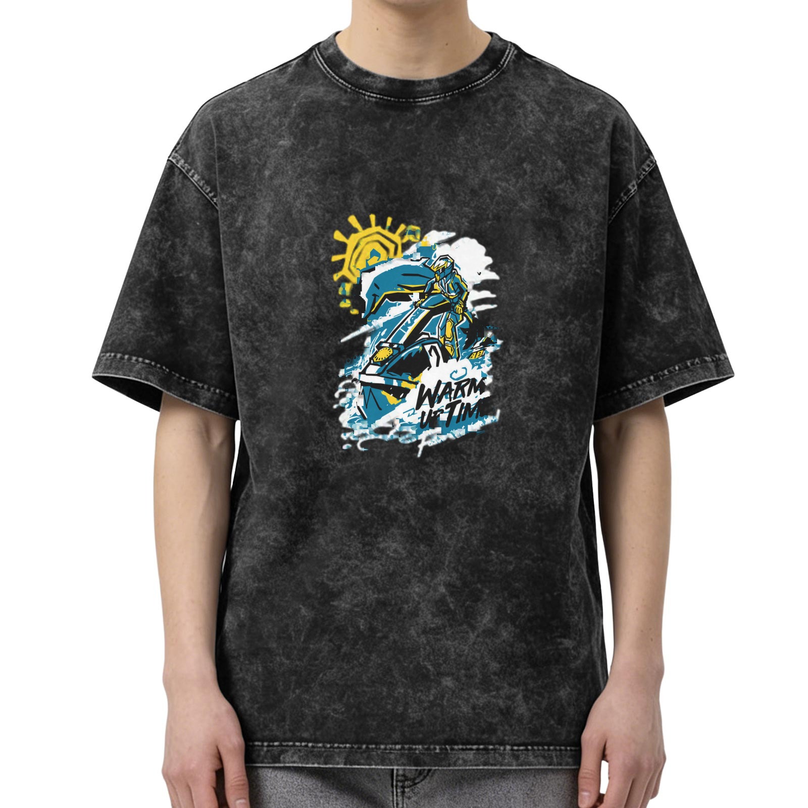 Oversized Acid Wash Graphic T-Shirt With Rider And Sun Print