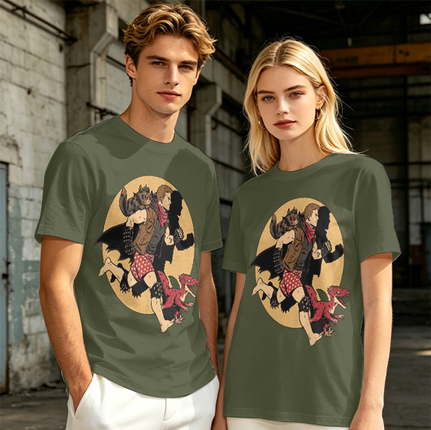 Olive T-Shirt With Fantasy Running Character And Creatures Print