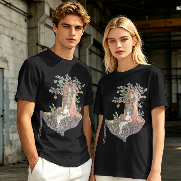 Olive t-shirt with whimsical floating treehouse reading scene print