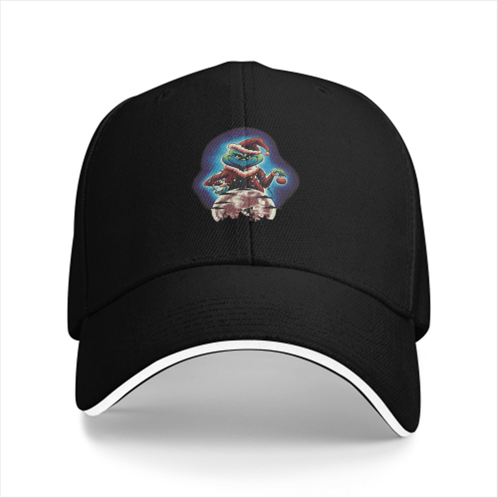 Black Baseball Cap With Grinch Christmas Character Print