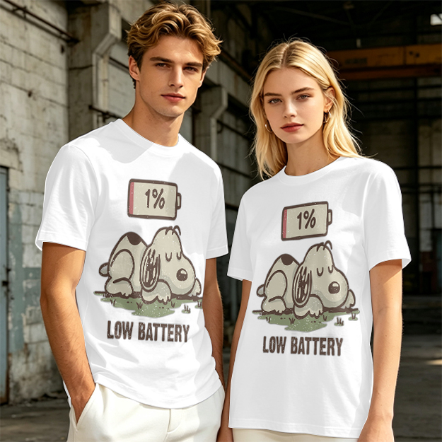 Olive T-Shirt With Tired Dog 1% Battery Graphic Print