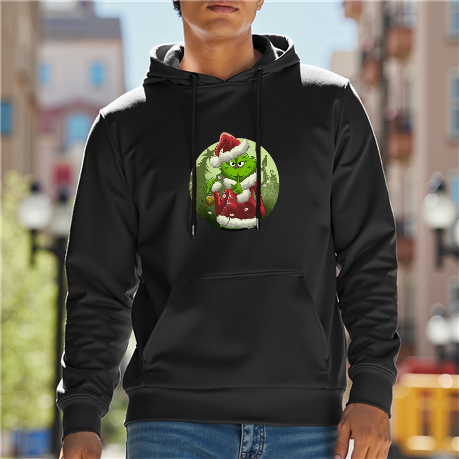 Black Grinch Christmas Hoodie With Festive Character Print