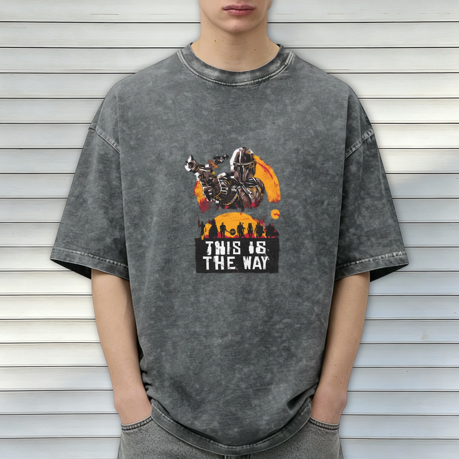 Star Wars Mandalorian 'This Is The Way' Graphic Print Acid Wash Oversized Short Sleeve T-Shirt