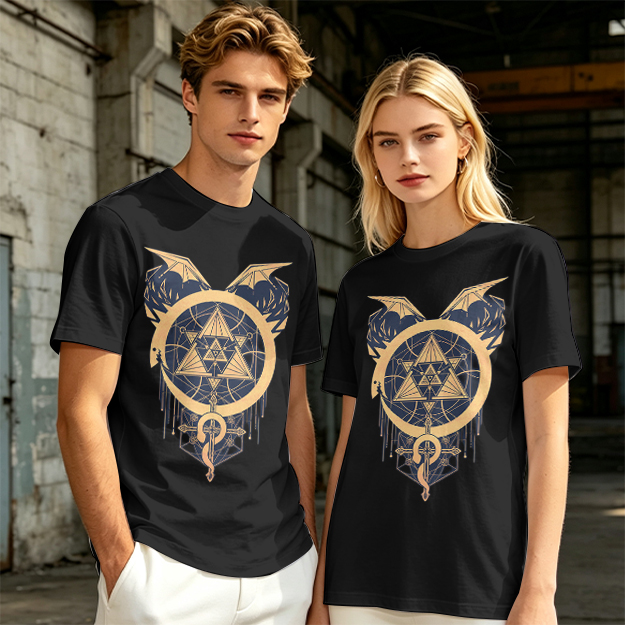 Olive T-Shirt with Occult Dragon Triangle Symbol Print