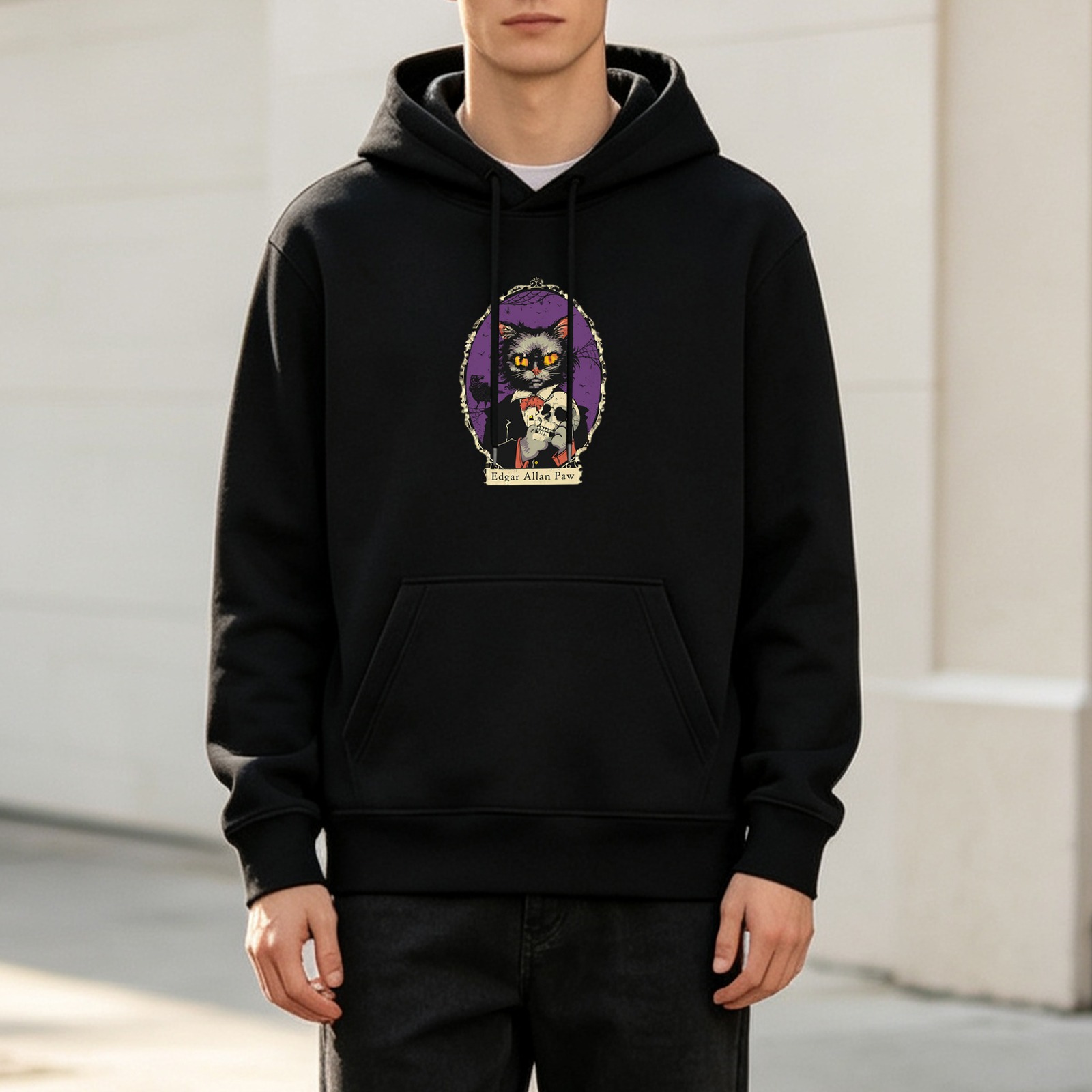 Edgar Allan Paw Cat Graphic Black Hooded Sweatshirt