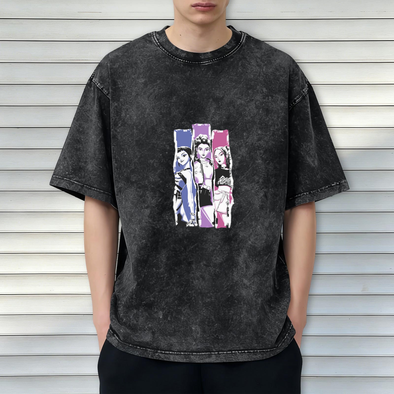 Oversized Acid Wash T-Shirt With Three Anime Girl Graphic Print