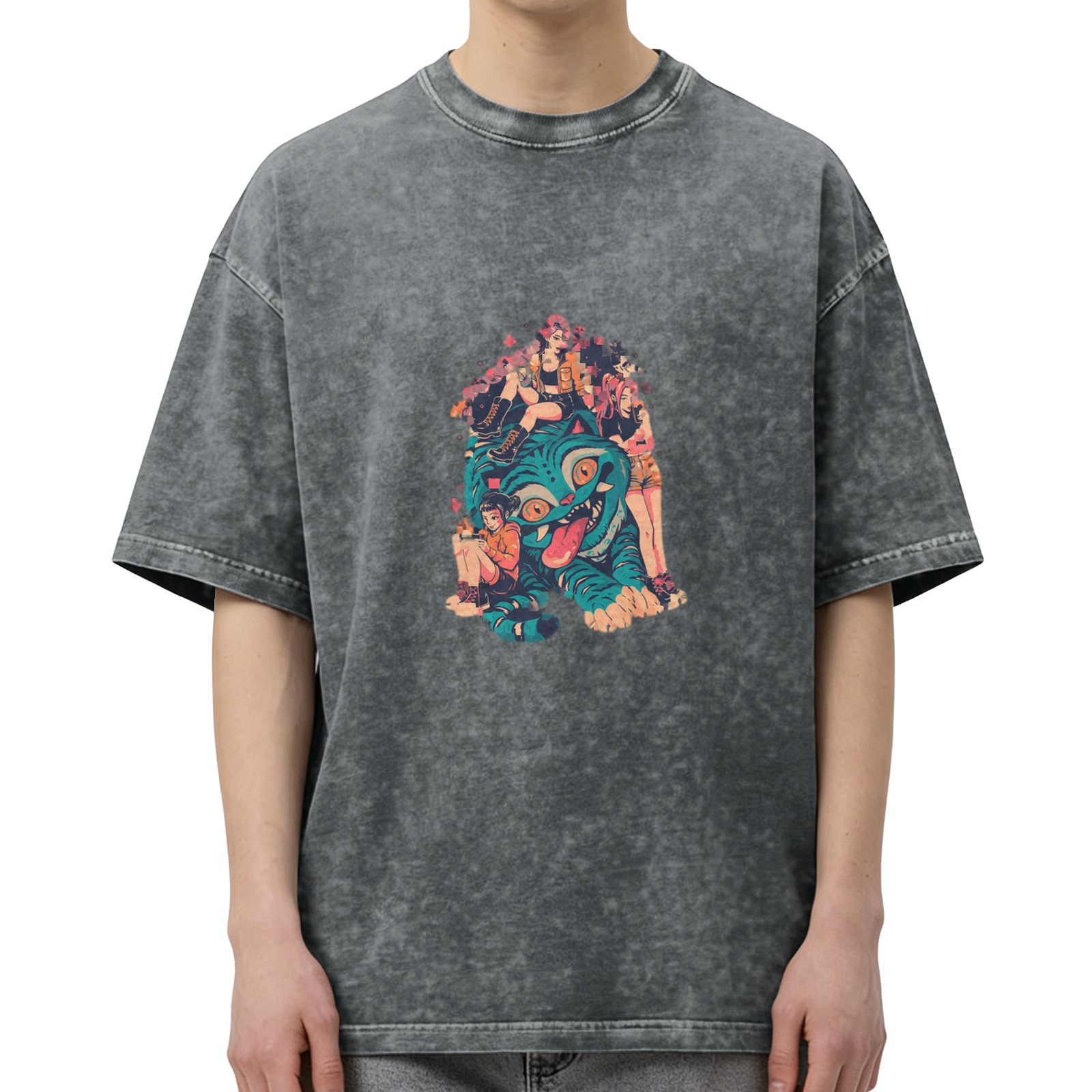Distressed black loose short-sleeved T-shirt Cartoon fantasy monster girl print Street fashion casual top