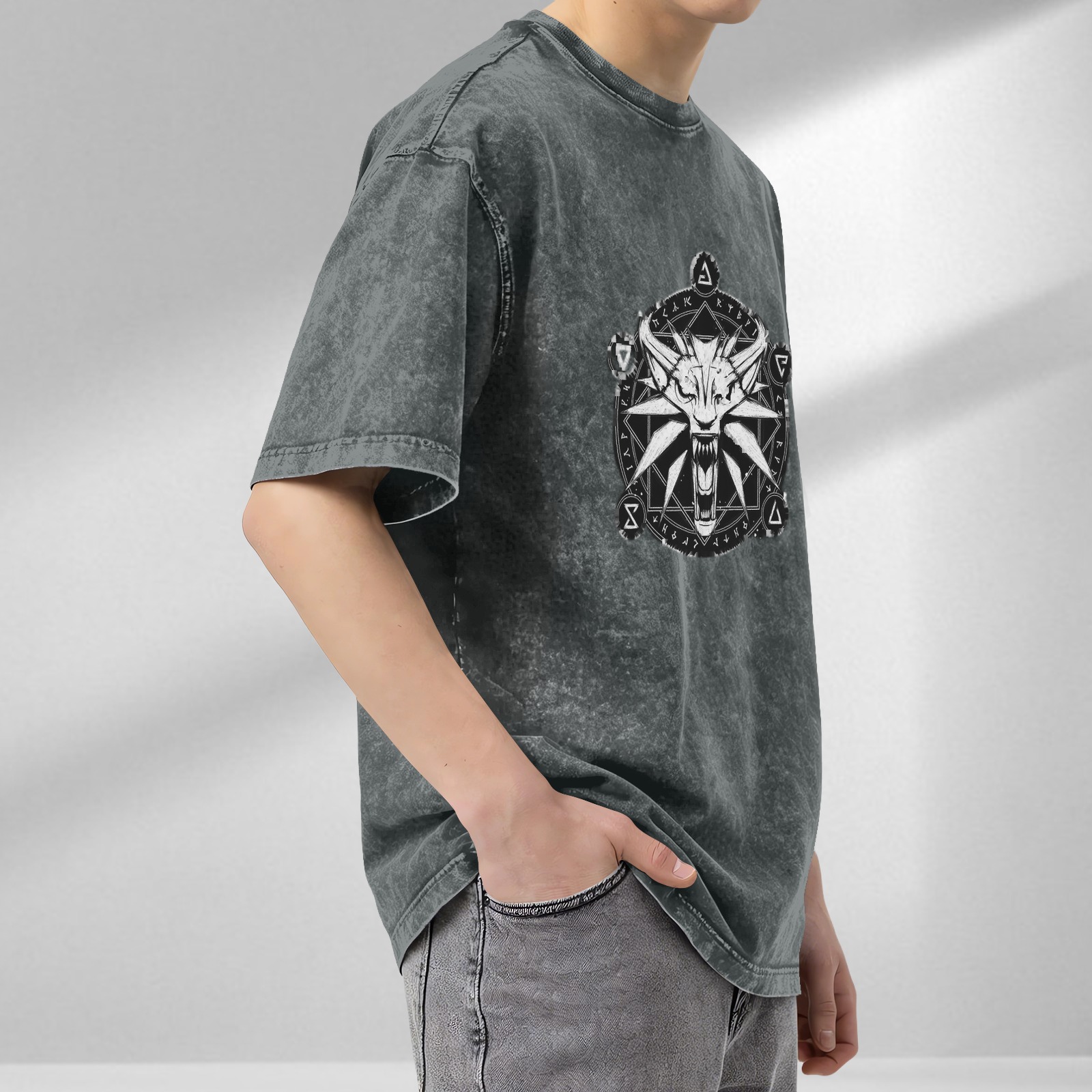 The Witcher Wolf Medallion Acid Wash Oversized T-Shirt