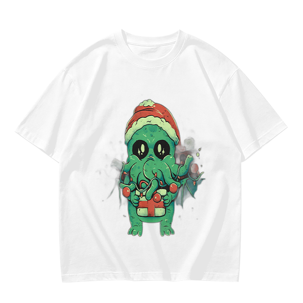 Olive Green T-Shirt With Cute Christmas Cthulhu Graphic