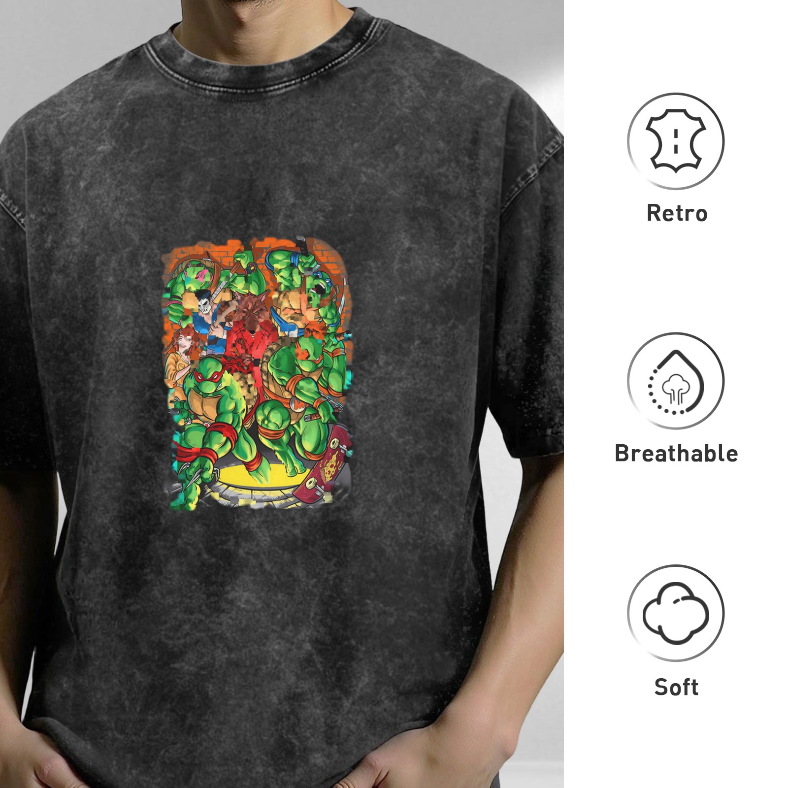 Washed Black Oversized T-Shirt with Teenage Mutant Ninja Turtles Graphic