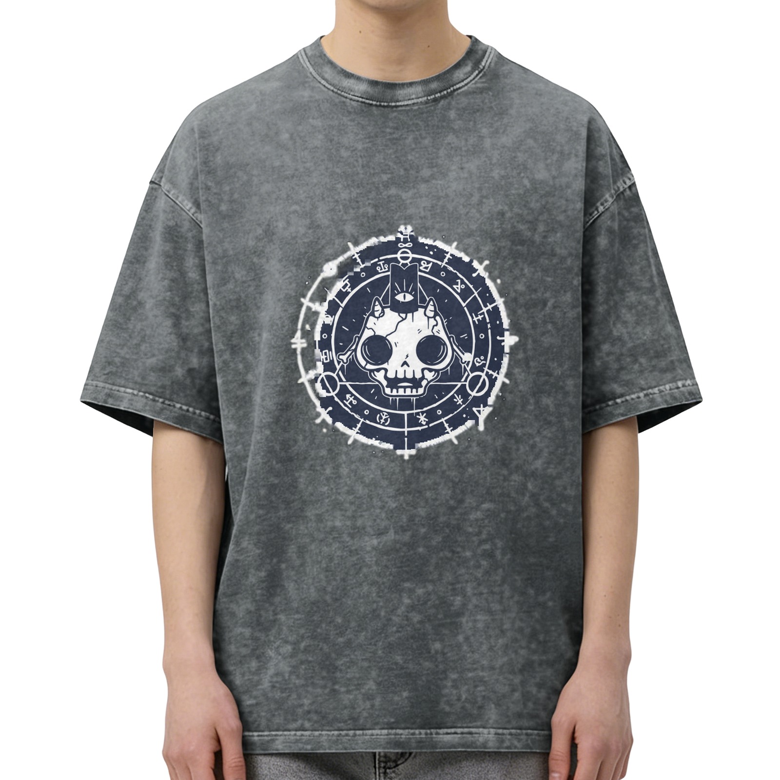Washed Black Oversized T-Shirt With Occult Cat Skull Graphic