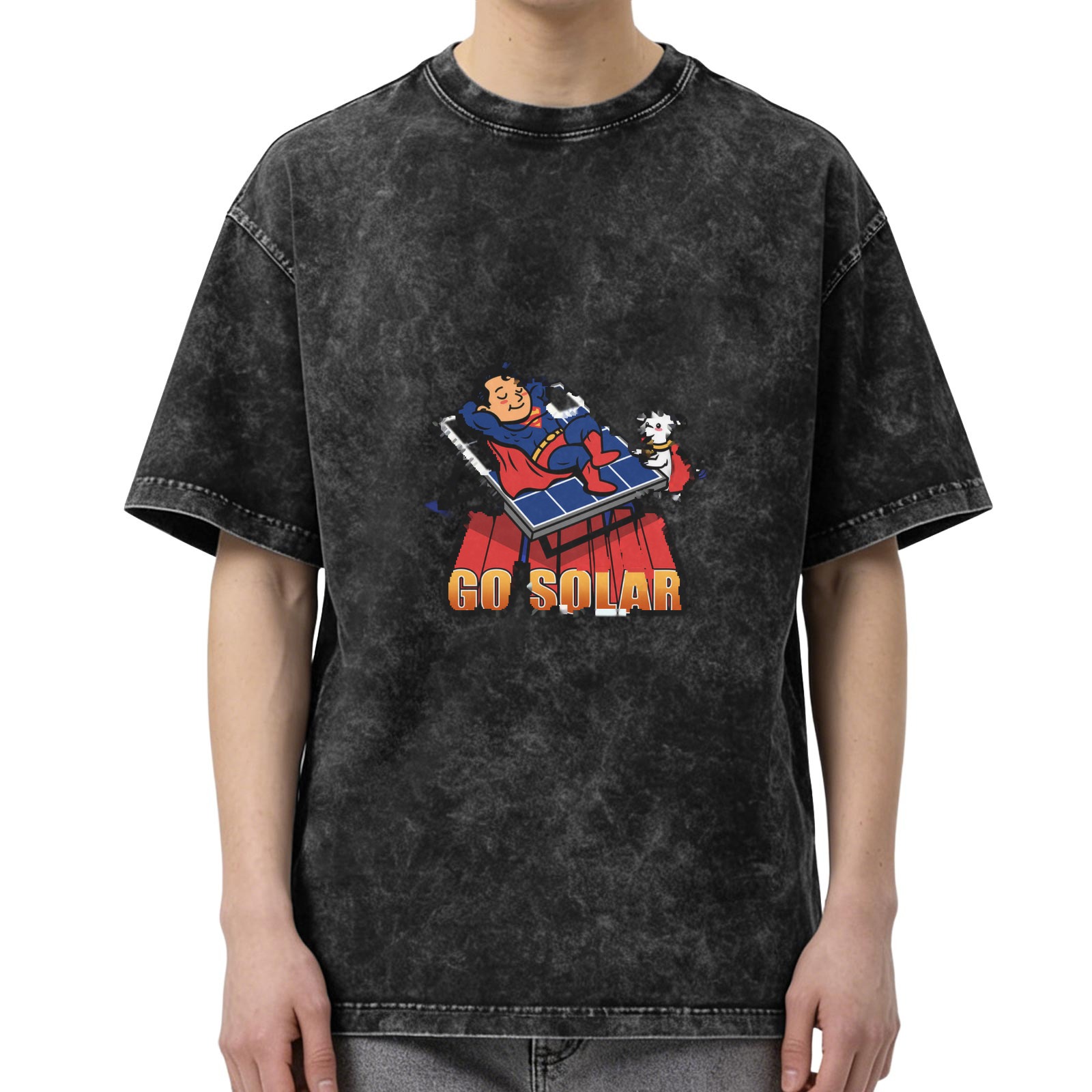 Oversized dark wash t-shirt with Superman and dog on solar panel graphic