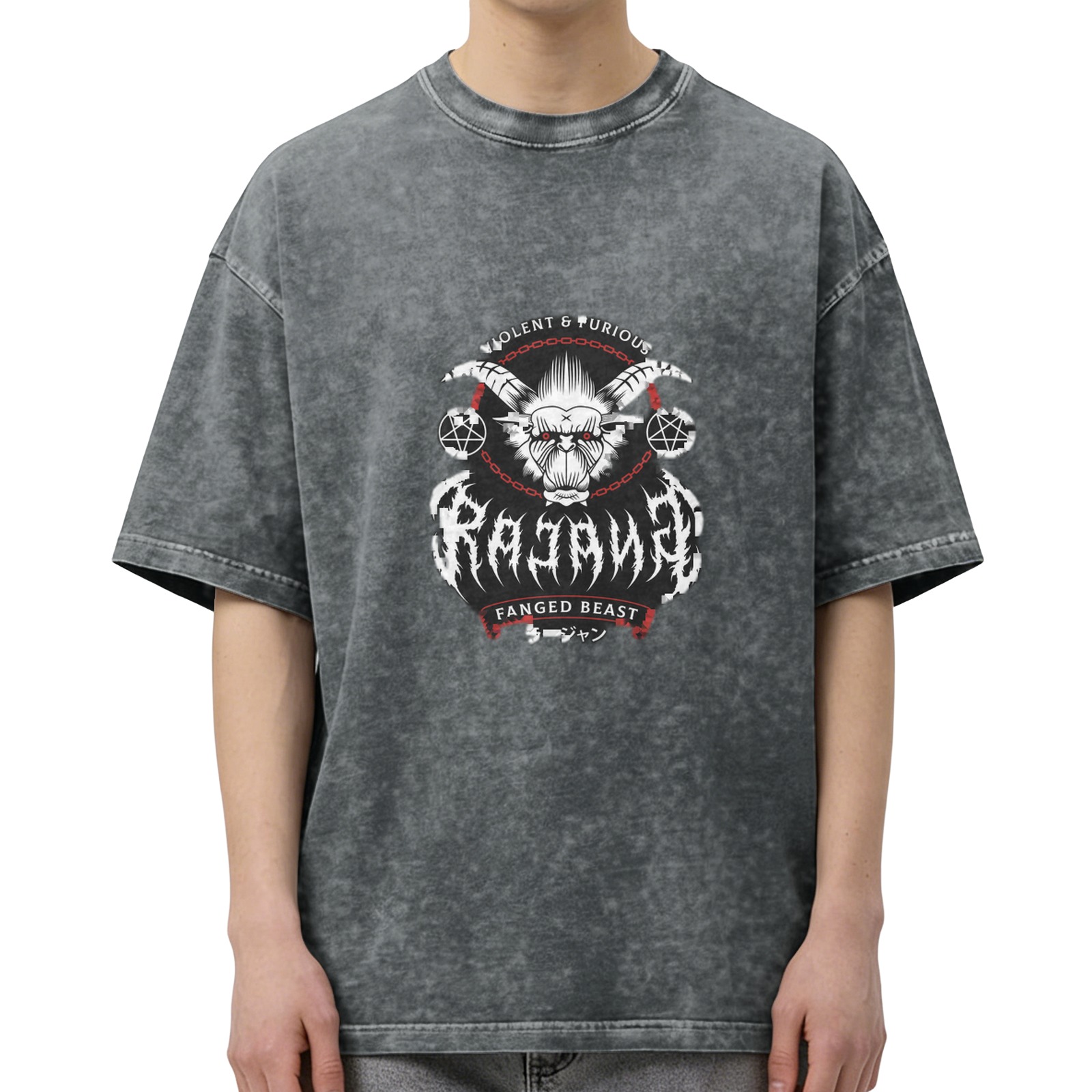 Raging Rajang Fanged Beast Graphic Stone Wash T-Shirt