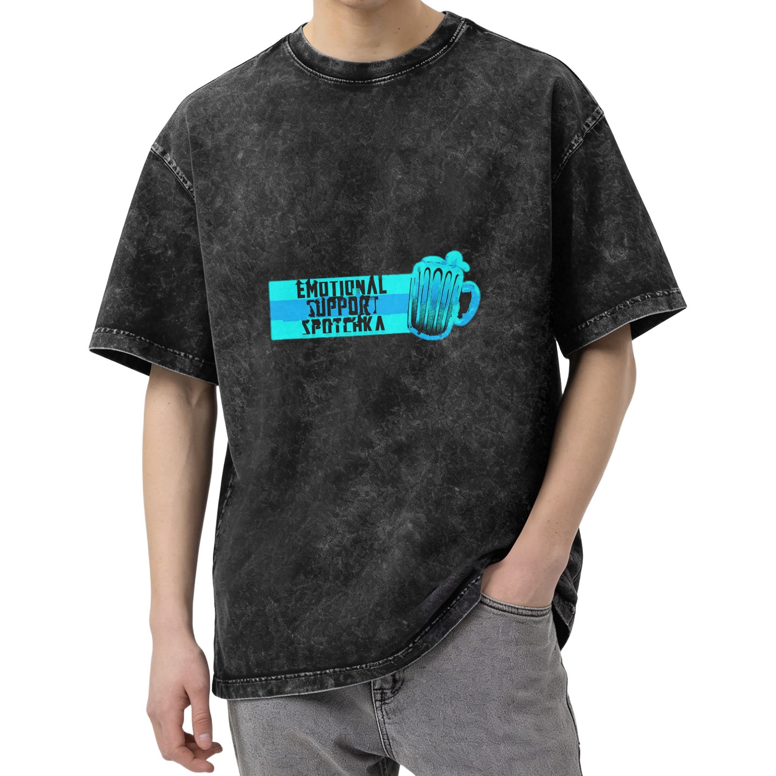 Oversized Acid Wash T-Shirt With Emotional Support Spotchka Beer Mug Print