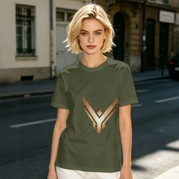 Olive Green T-Shirt With Gold Winged Emblem Graphic