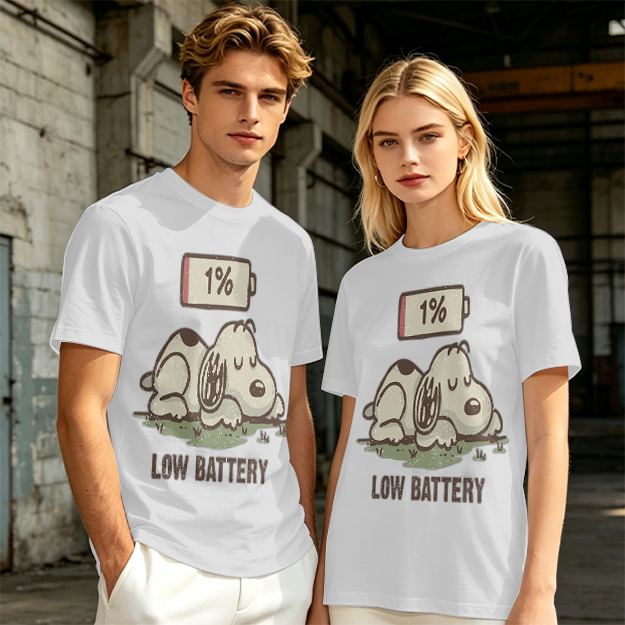 Olive T-Shirt With Tired Dog 1% Battery Graphic Print