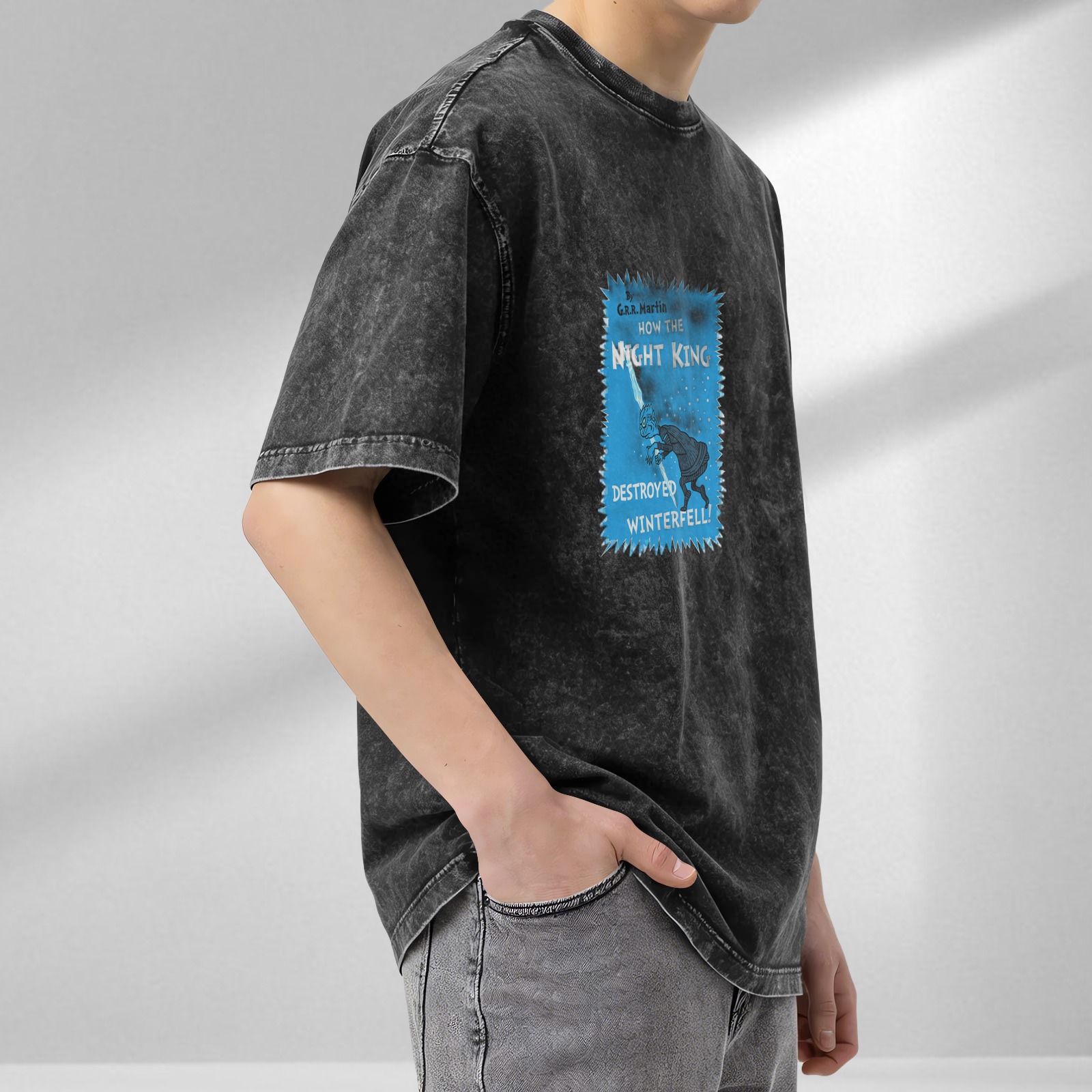 Oversized dark wash t-shirt with Night King Winterfell graphic print